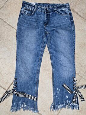 Zara TRF Refix'd Jeans Gingham Ribbon Tie Distressed 8